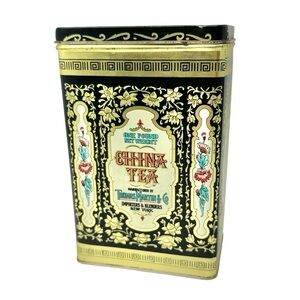 Vintage China Tea Tin Black Gold Storage Decor Thomas Martin & Co New York